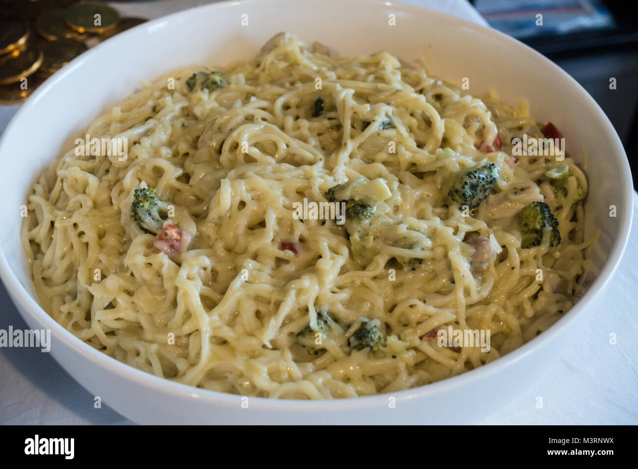 Spaghetti Carbonara with broccoli and peppers Stock Photo Alamy