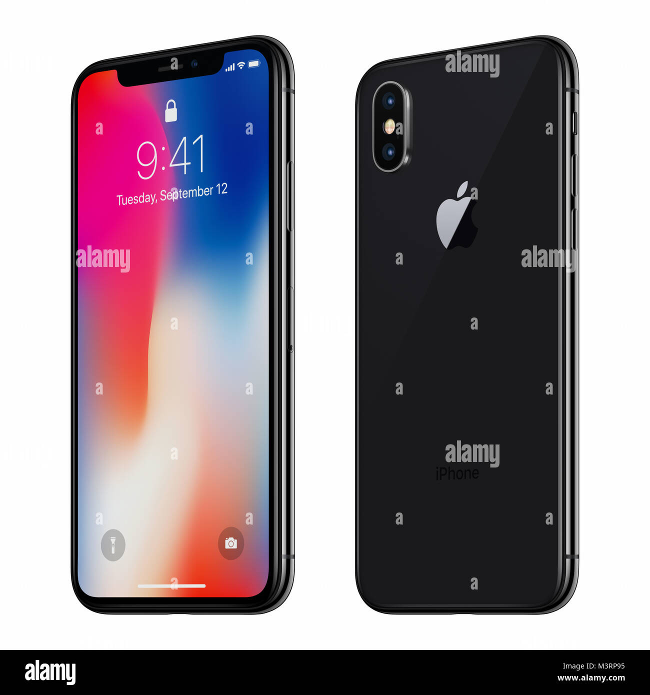 Black rotated Apple iPhone X with iOS 11 lockscreen front side and back side isolated on white background. Stock Photo