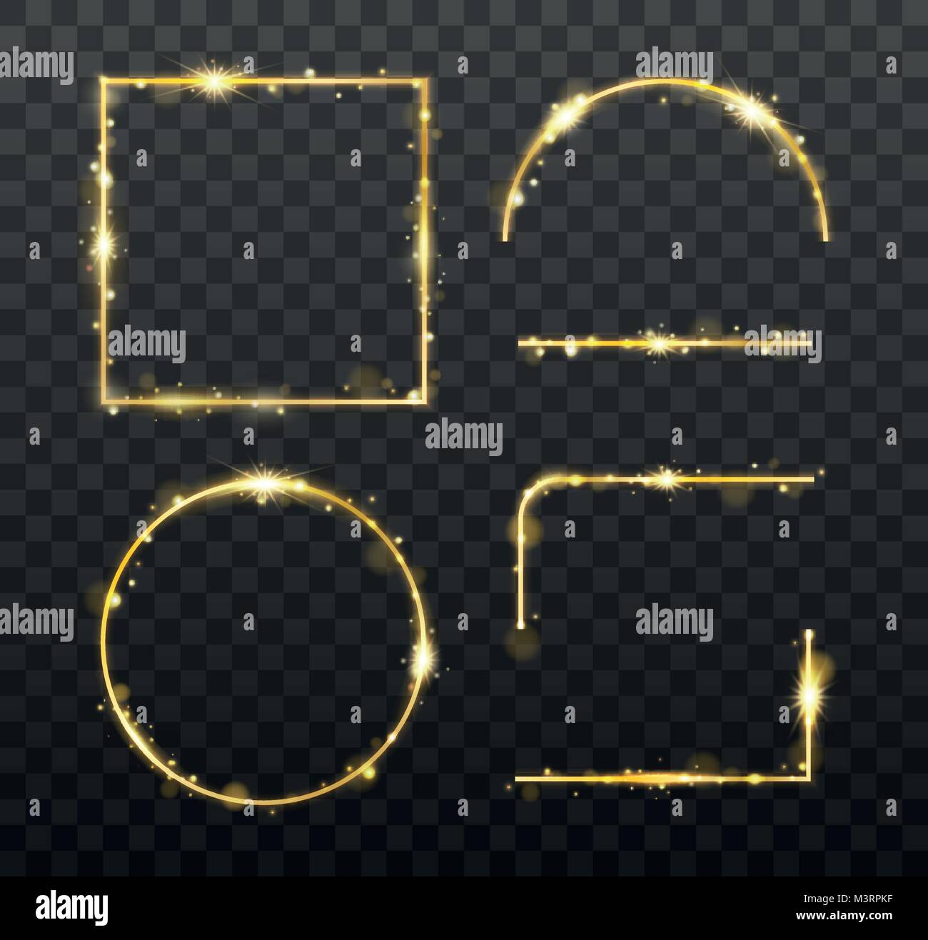 Golden glowing frames and elements with shiny sparks. Decorative element for banner or templates on transparent background. vector illustration Stock Vector