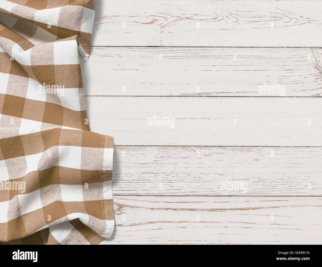 table with brown picnic cloth top view background Stock Photo