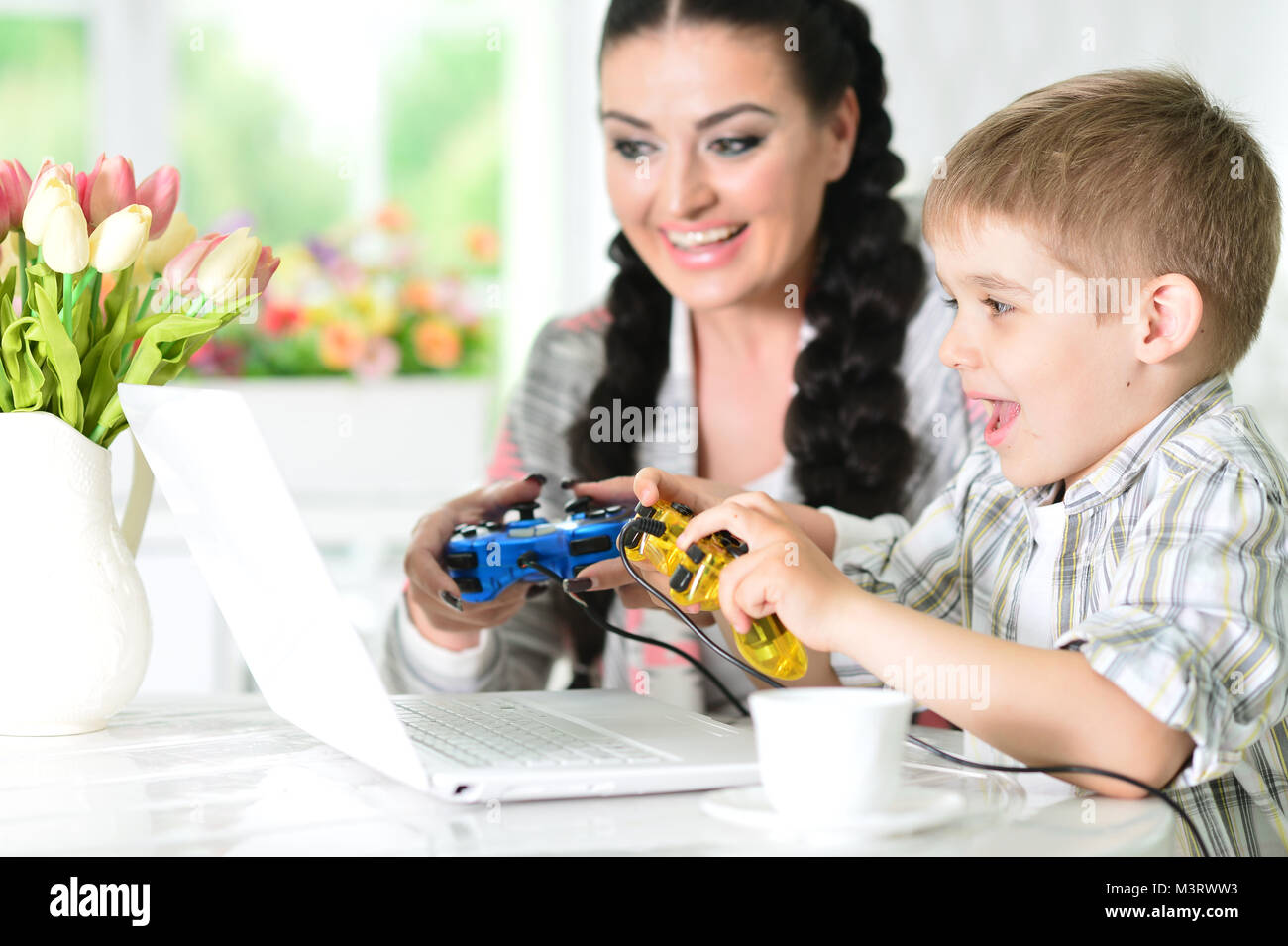 Mother and son playing computer game Stock Photo