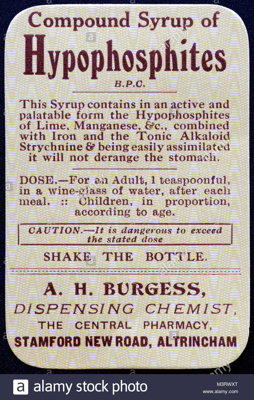 Vintage Chemist labels for Medicine bottles 1950s - Compound Syrup of Hypophosphites Stock Photo