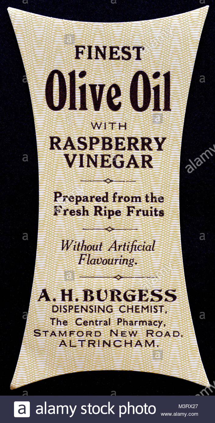 Vintage Chemist labels for Medicine bottles 1950s - Finest Olive Oil with Raspberry vinegar Stock Photo