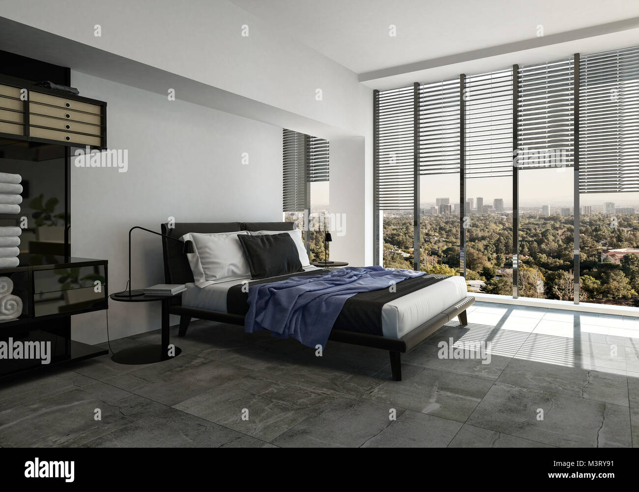 Modern Bedroom With A Divan Style Bed On A Tiled Floor And