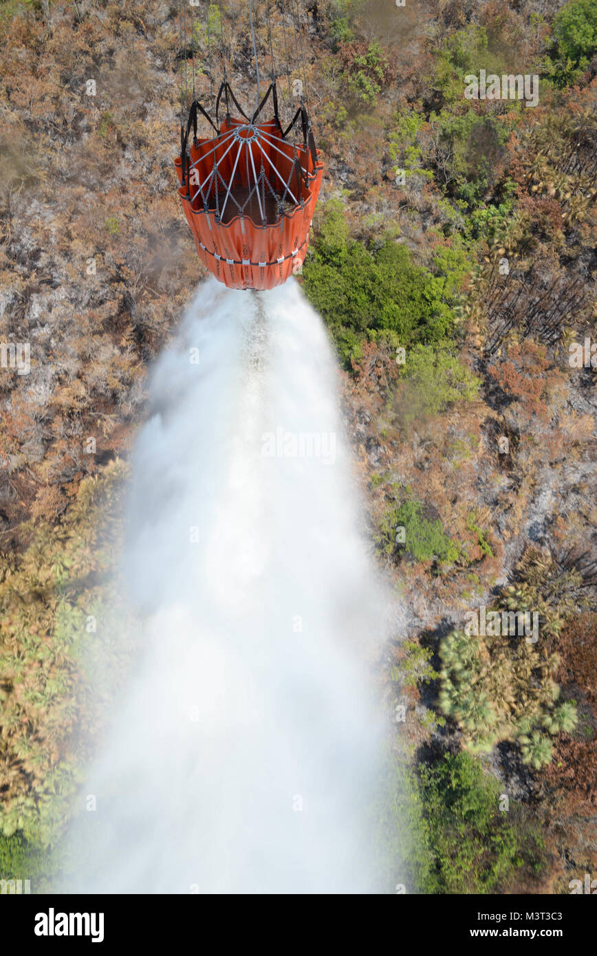 A U.S. Army CH-47 Chinook uses a Bambi Bucket to drop water on a fire April 1, 2016, near Tela, Honduras, at the request of Honduran President Juan Orlando Hernandez. The Chinooks were a part of aircraft from the 1-228th Aviation Regiment to support the Honduran Fire Department, Air Force and Army in the firefighting efforts. (U.S. Air Force photo by Staff Sgt. Westin Warburton/ Released) 160401-F-WT432-024 by ussouthcom Stock Photo