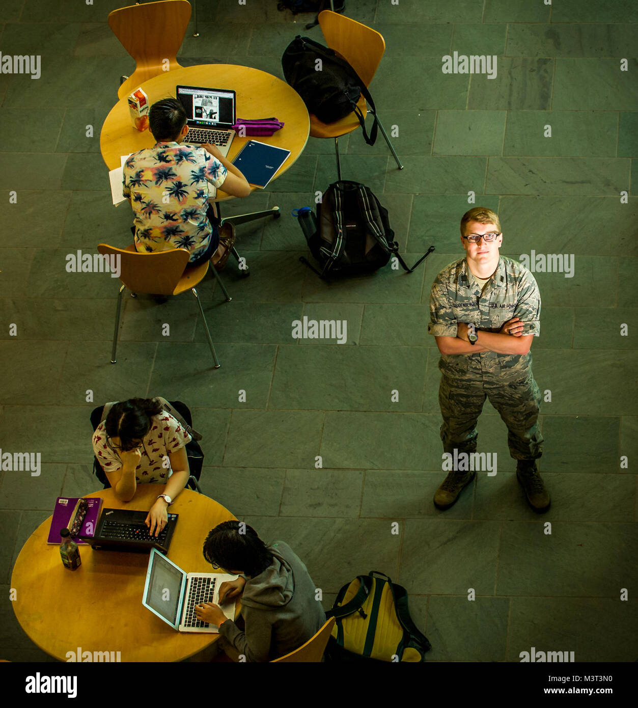 Cadet Scott Seidenberger, of AFROTC Detachment 520 at Cornell University in Ithaca, NY, stands in a commons area of Duffield Hall where science, technology, engineering and mathematics ( STEM ) students gather to study and work on team projects, Apr. 16, 2016. A student at the Industrial and Labor Relations School at Cornell, Seidenberger's thesis, ÒCan the Government and Military Compete with Private Sector Companies for Technical Talent?Ó, presents data on how technical job seekers evaluate opportunities in different sectors and with different firms and how the issues the Air Force faces in  Stock Photo