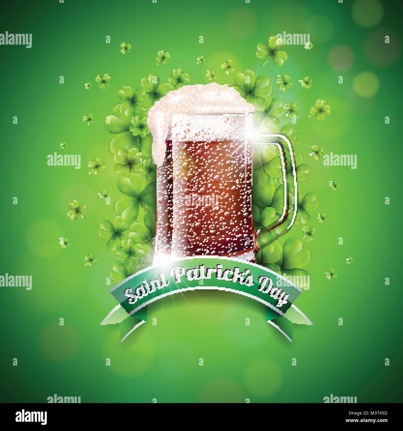 Saint Patricks Day Design with Fresh Dark Beer and Falling Clovers Leaf on Green Background. Irish Holiday Vector Illustration for Greeting Card, Party Invitation or Promo Banner. Stock Vector