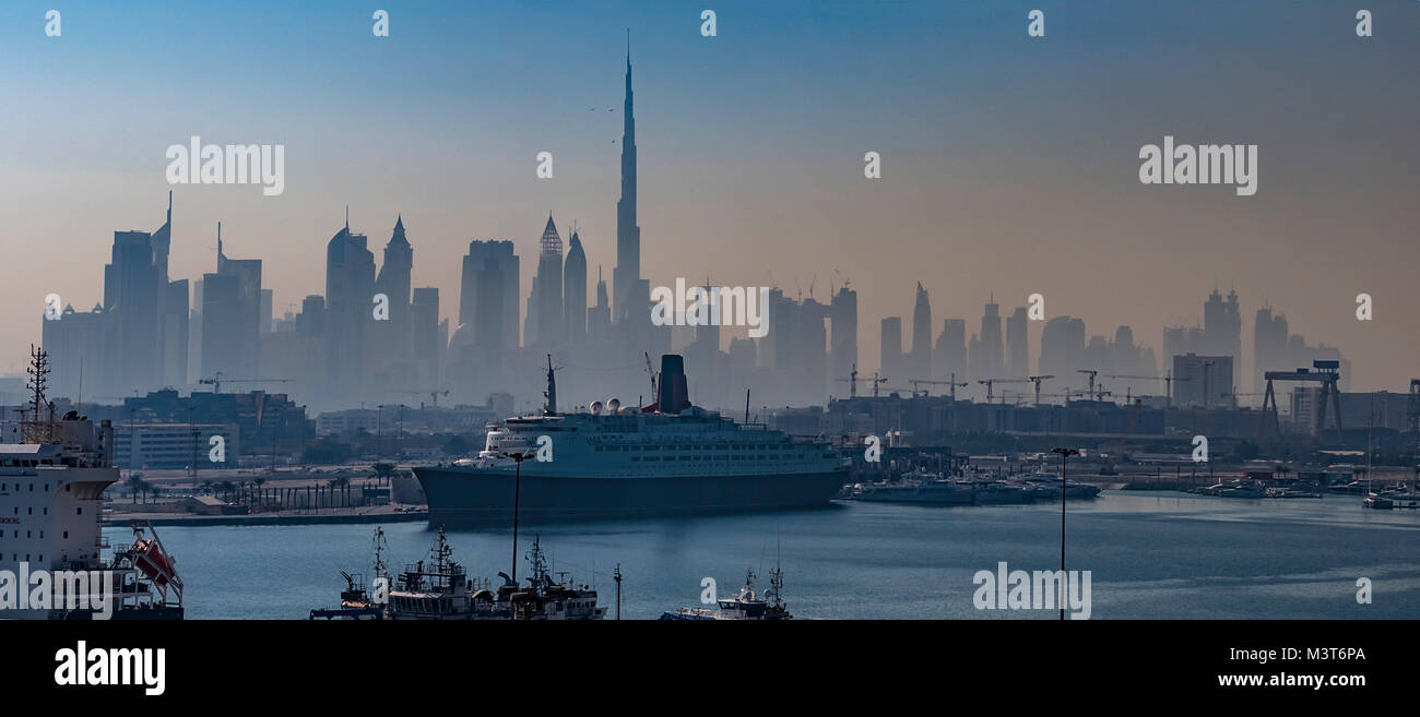 Dubai Skyscape with QE 2 Stock Photo
