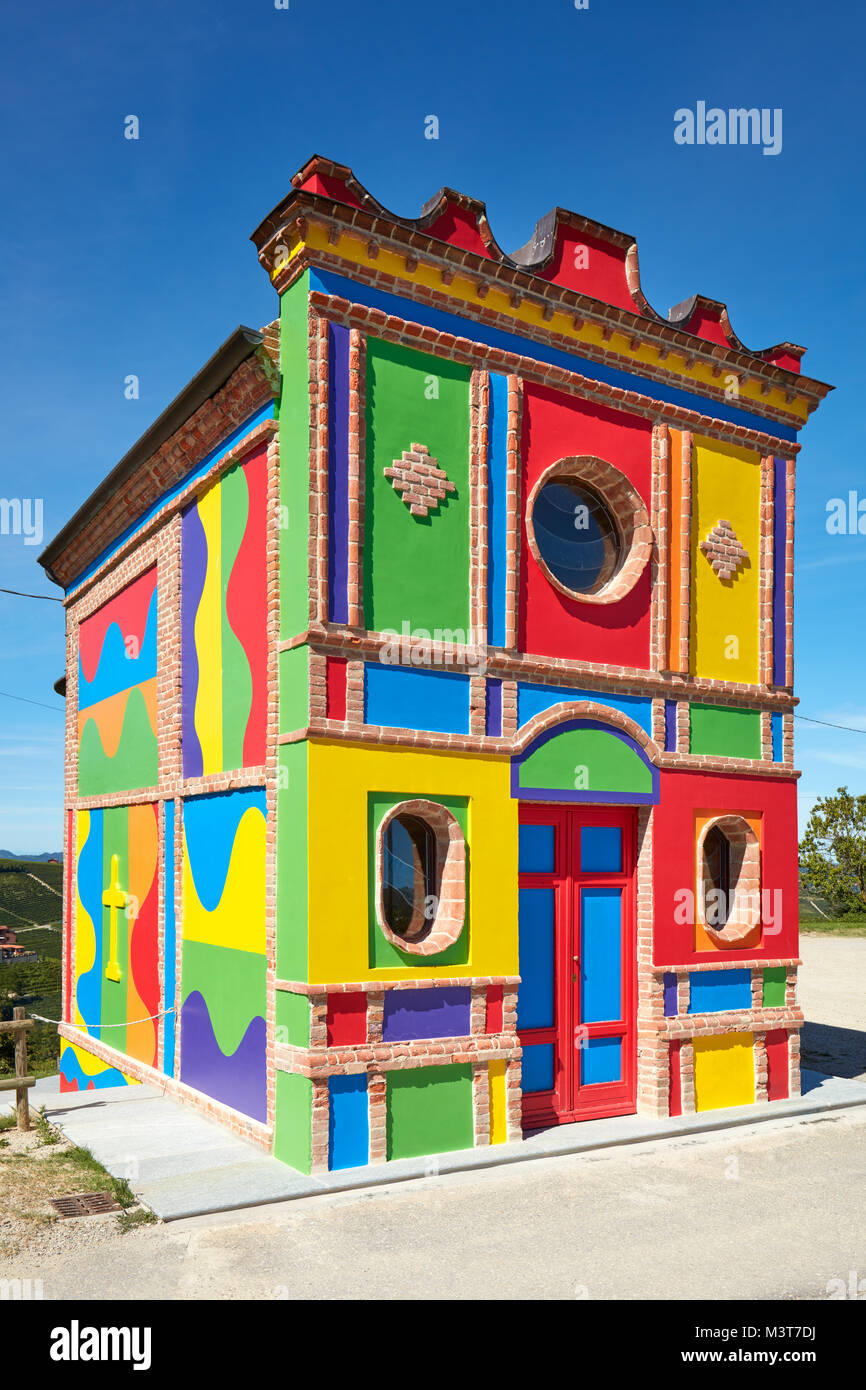 Cappella del Barolo, little colorful church by Sol Lewitt in a sunny summer day in Piedmont, Barolo, Italy Stock Photo