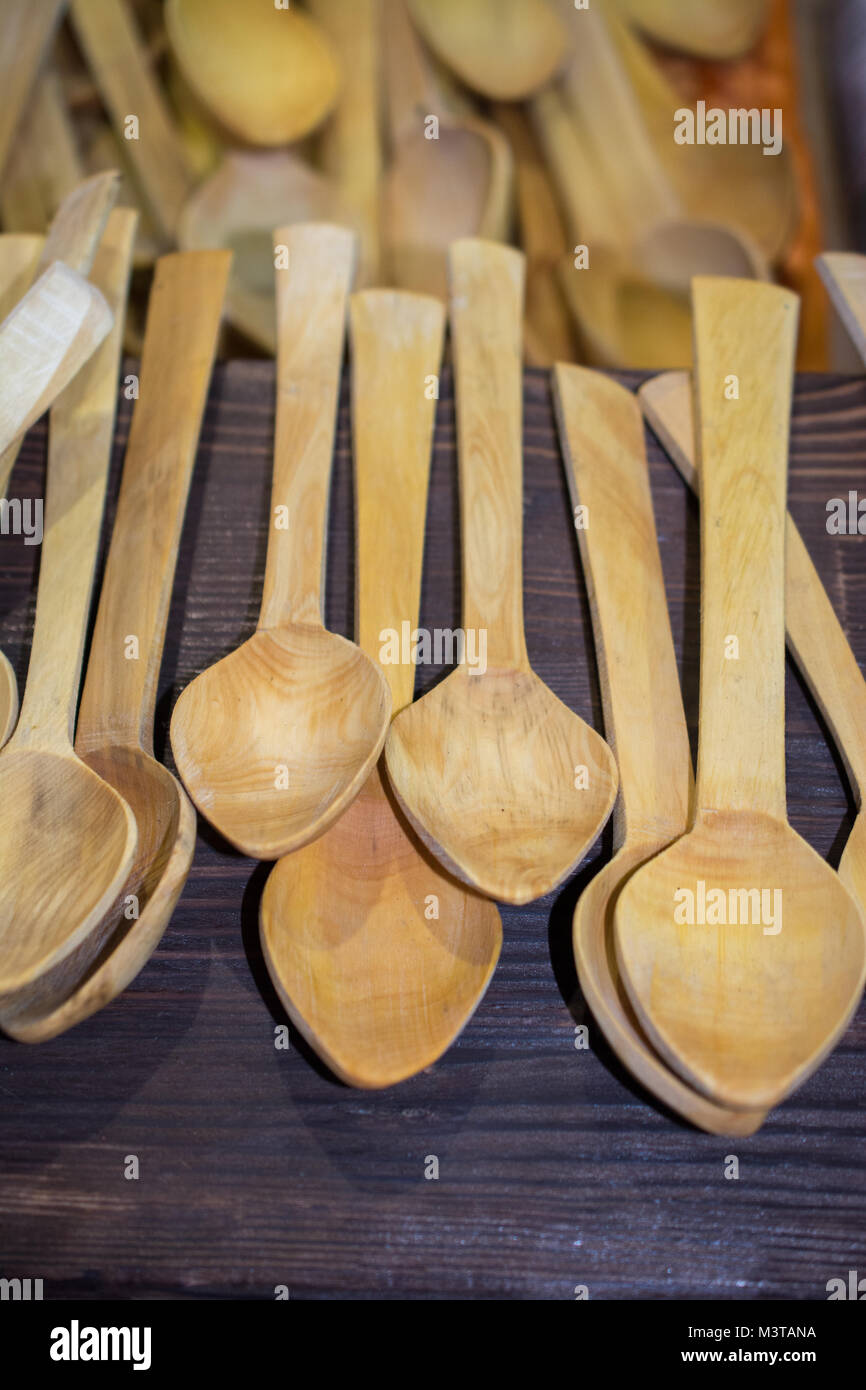 dozens of soup spoon or tablespoon made of wood Stock Photo Alamy