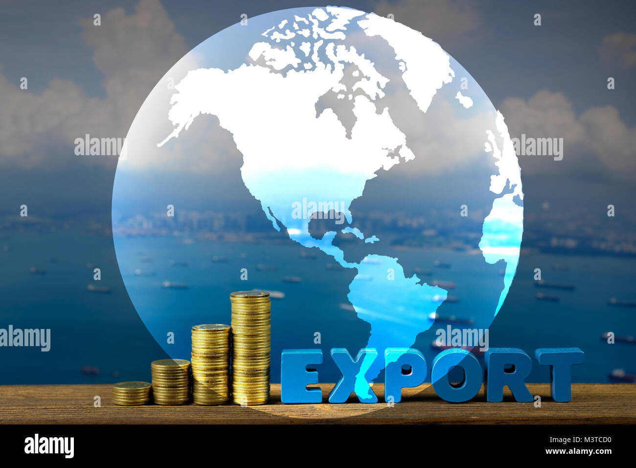 Double exposure EXPORT text and stack of coin on wood table over ...