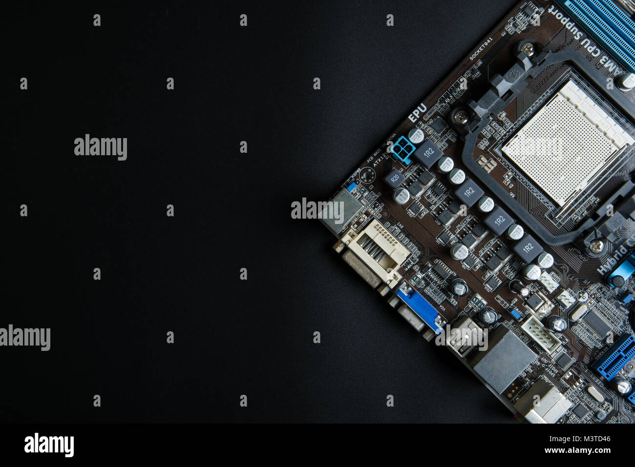 Personal computer motherboard close up on black background with copy space  for your text.Technology concept Stock Photo - Alamy