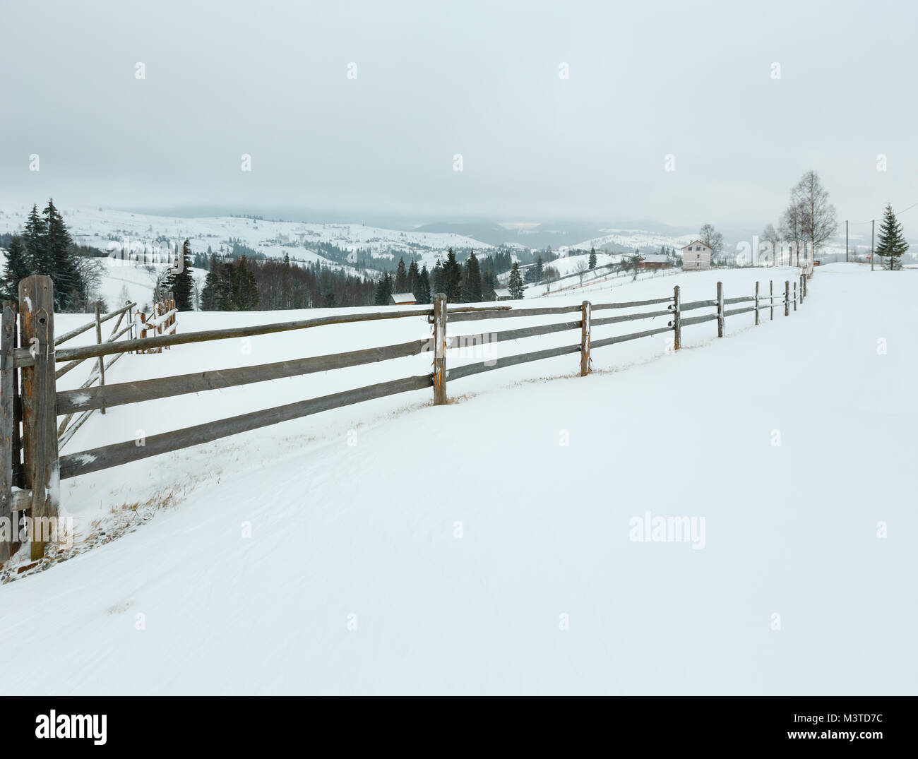 Early morning winter mountain village landscape (Jablunytsia village, Carpathian Mountains, Ukraine). Overcast windy bad weather with some blizzard. Stock Photo