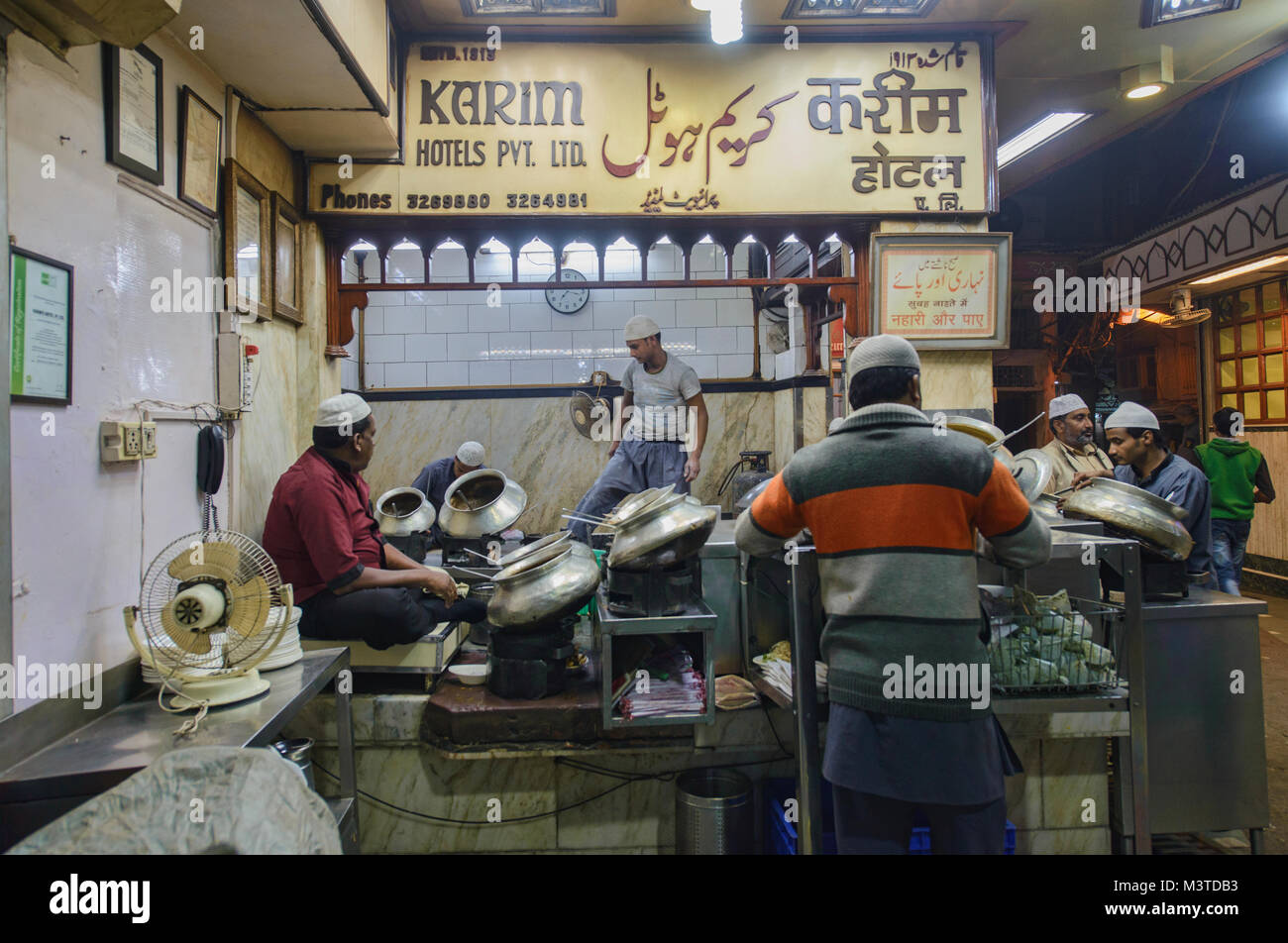 Curry pots at the legendary Karim's Restaurant, Old Delhi, India Stock