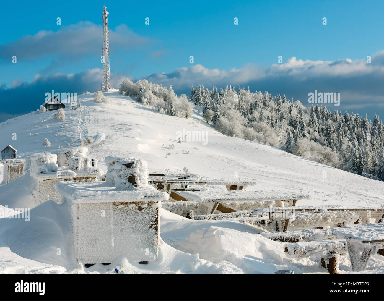 Beautiful winter mountain landscape with rime frosting and snow covered ...