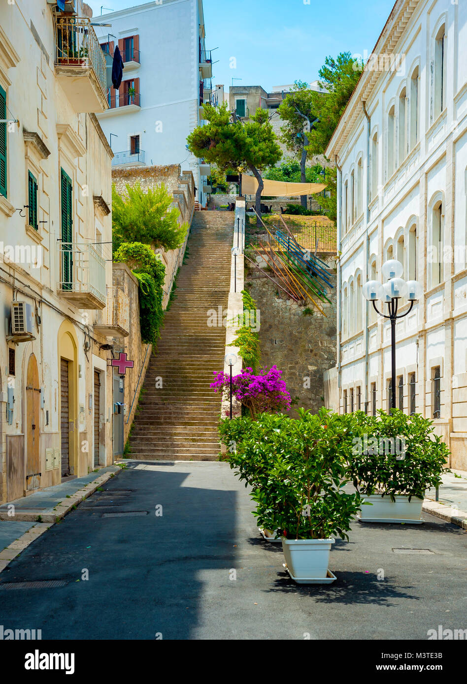 Apulia, Vieste old town, south Italy.Typical italian medieval narrow street. Stock Photo