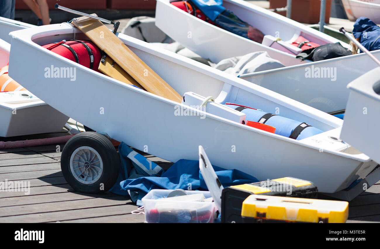 Boat of a sailing course with which you learn to control a sailboat Stock Photo