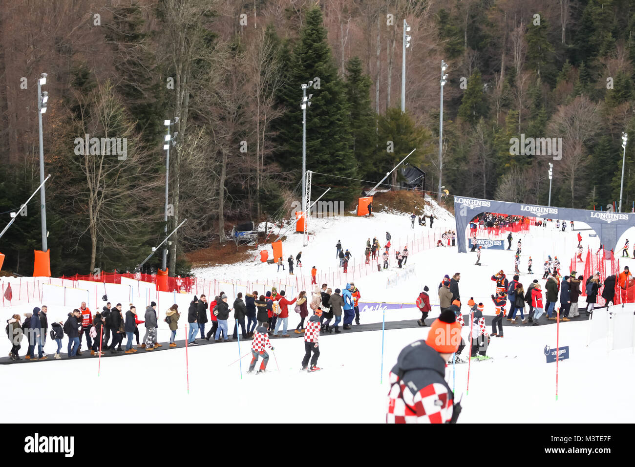 ZAGREB CROATIA JANUARY 4 2018 The audience crosses the ski