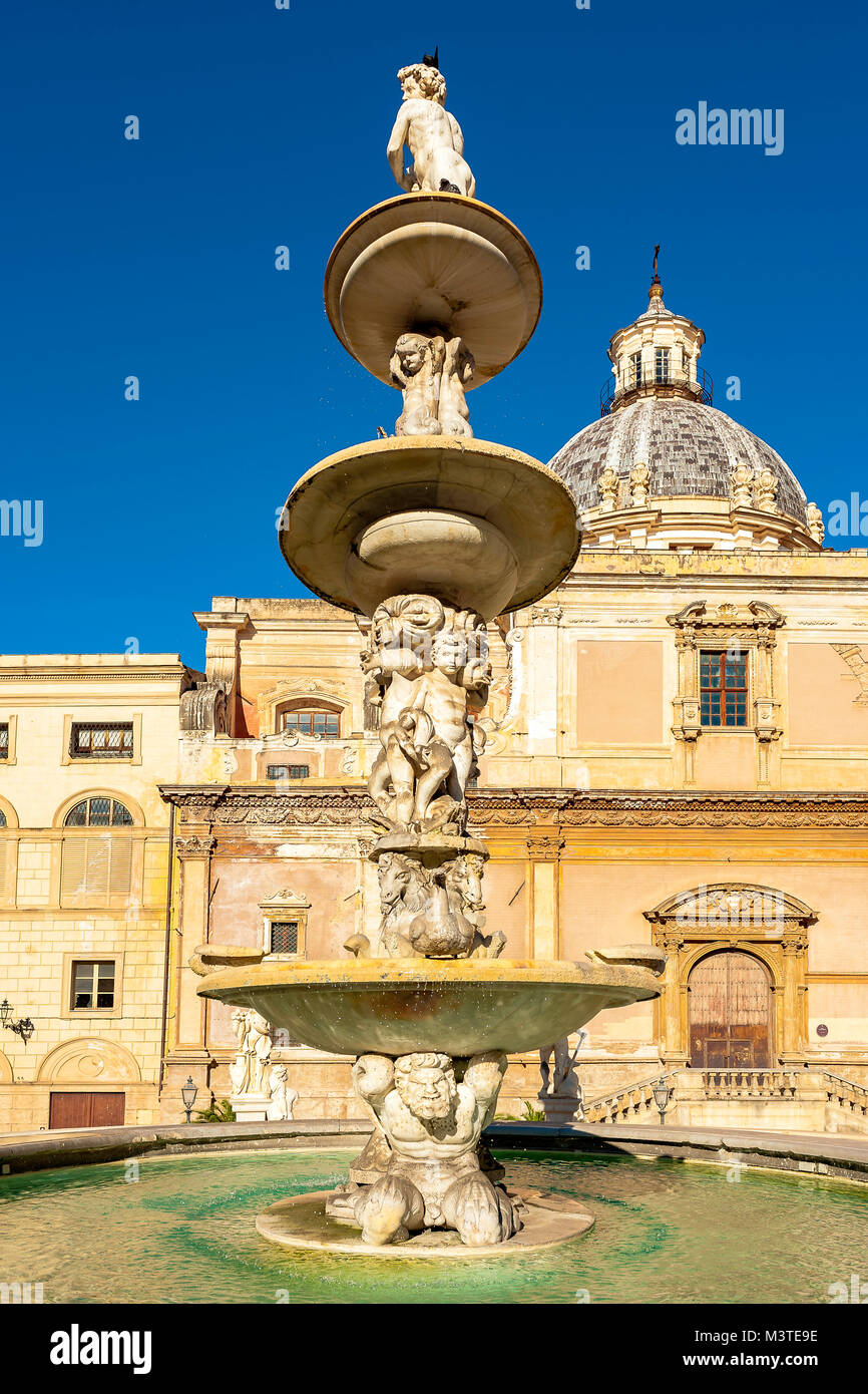 Fontana Pretoria in Palermo, Sicily is also called Fountain of shame, because of the nude figures. Stock Photo
