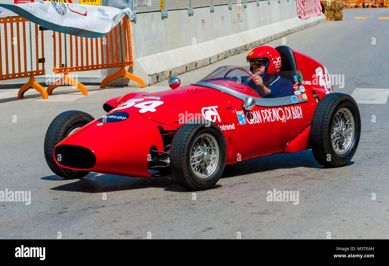 Bari, Italy - April 30, 2017: Participant in his racing car at the competition in the historic reenactment of the Grand Prix in Bari, held in Bari in  Stock Photo