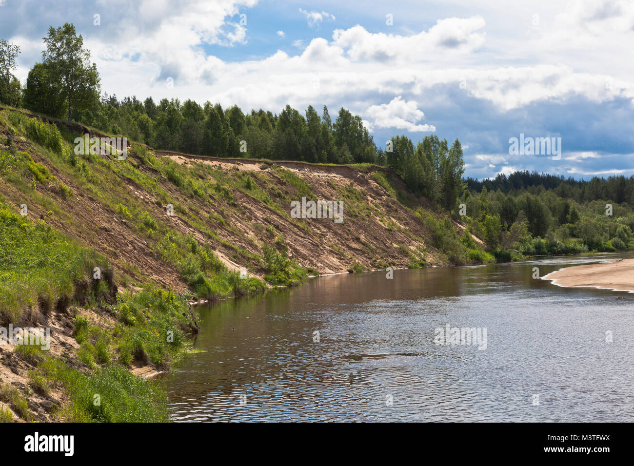Steep bank of the river Vaga. River View near the village Undercity, Velsky district, Arkhangelsk region, Russia Stock Photo