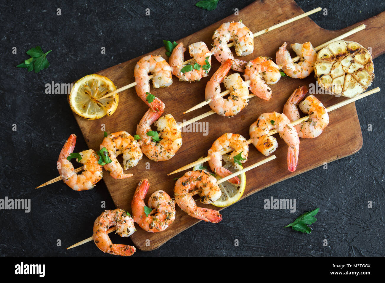 Grilled shrimp skewers. Seafood, shelfish. Shrimps Prawns skewers with