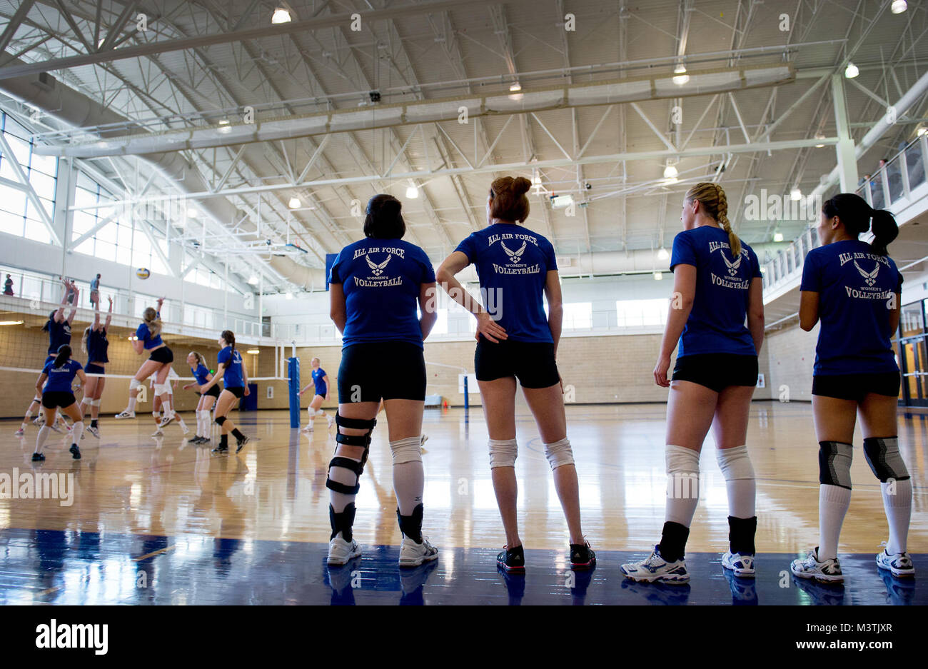 Members of the Air Force Women’s Volleyball team scrimmage against the