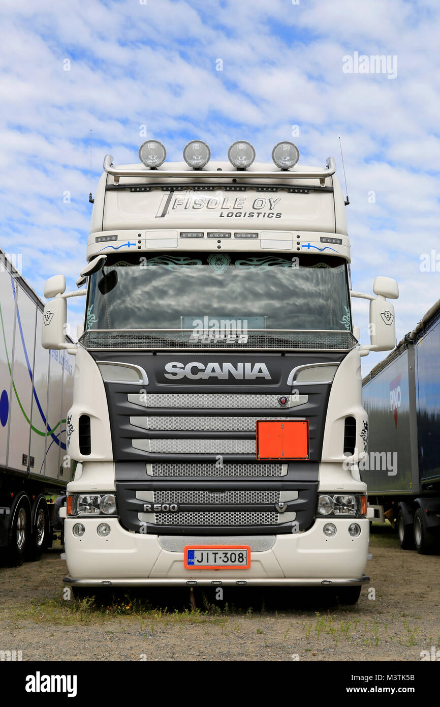 HATTULA, FINLAND - JULY 12, 2014: White Super Scania R500 V8 heavy truck on display at Tawastia Truck Weekend in Hattula, Finland. Stock Photo