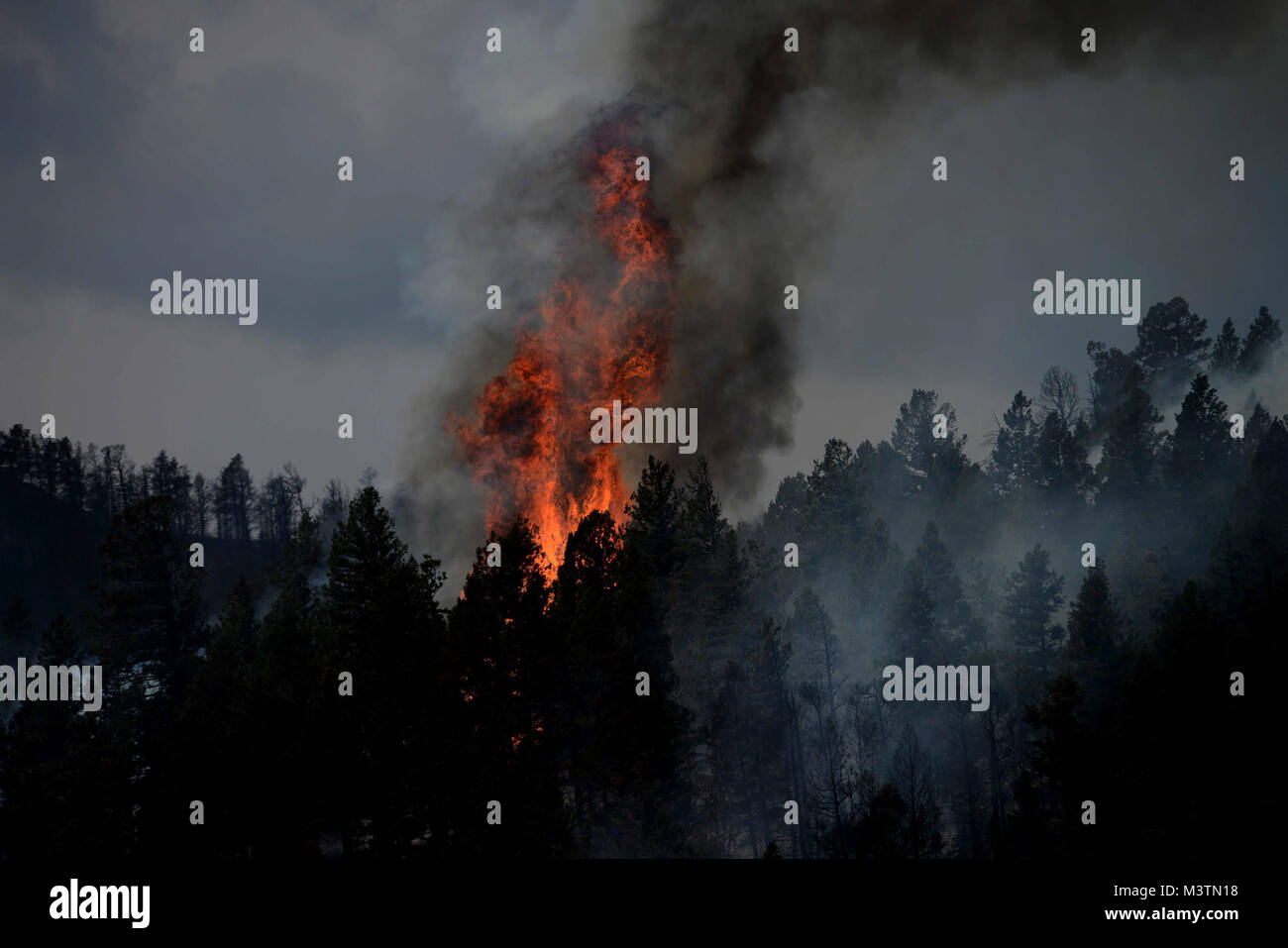 Fire still burns in the Mount Saint Francois area of Colorado Springs, Co. while firefighters continue to battle several fires in Waldo Canyon on June 28, 2012. The Waldo Canyon fire has grown to 18,500 acres and burned over 300 homes. Currently, more than 90 firefighters from the Academy, along with assets from Air Force Space Command; F.E. Warren Air Force Base, Wyo.; Fort Carson, Colo.; and the local community continue to fight the Waldo Canyon fire.(U.S. Air Force Photo by: Master Sgt. Jeremy Lock) (Released) 120628-F-JQ435-016 by AirmanMagazine Stock Photo