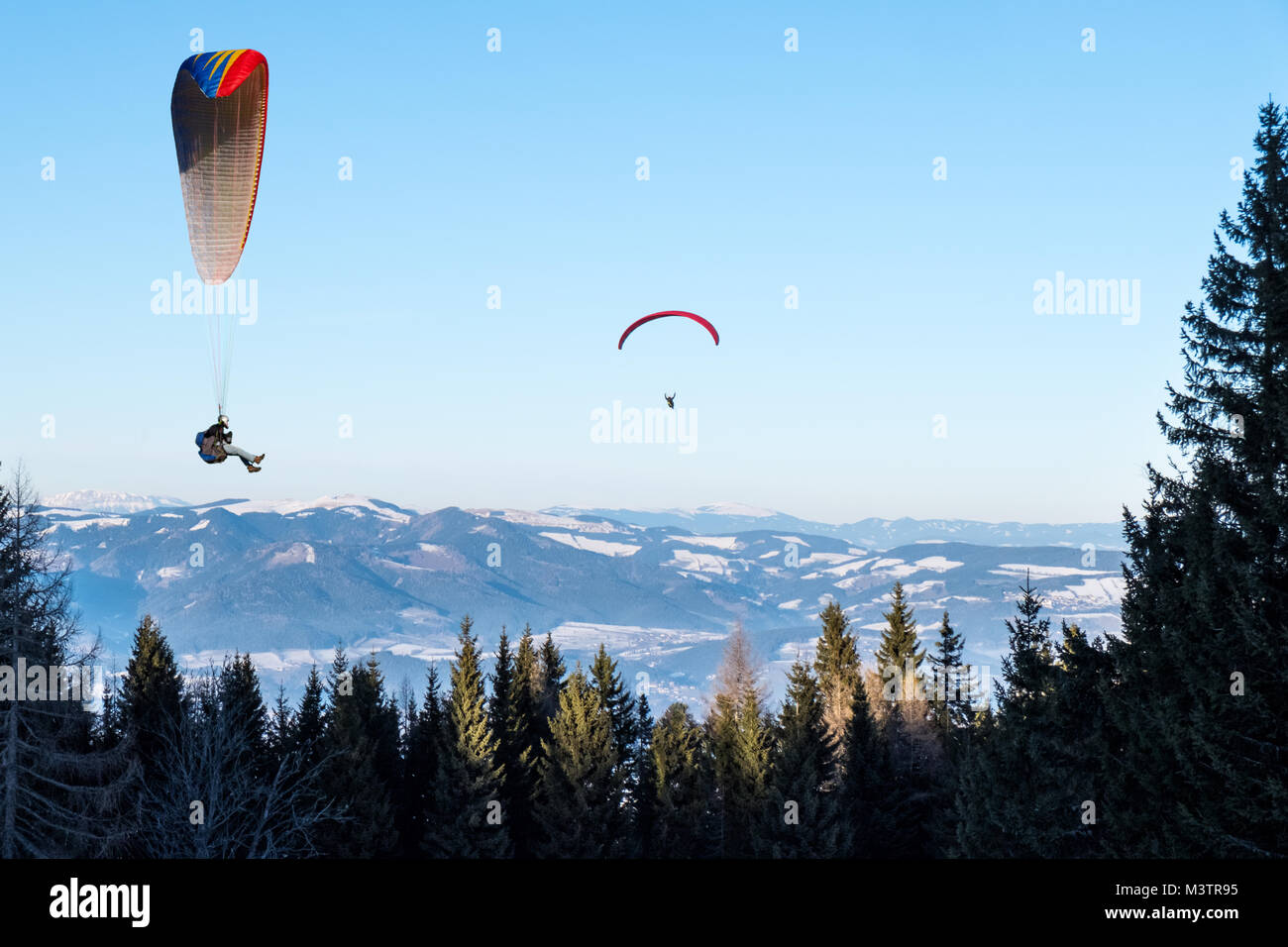Two paraglider flying from mountain Schoeckl in winter over trees with nice panorama in Styria, Austria Stock Photo