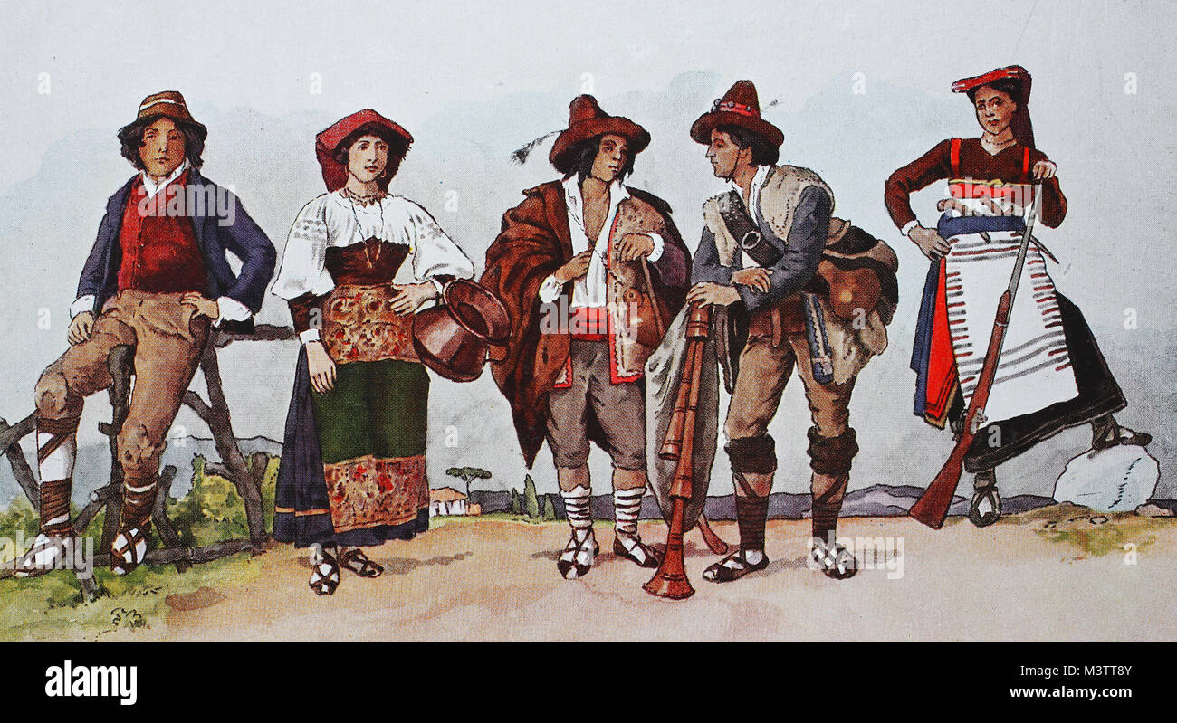 Fashion, clothing in modern-day Italy, the 18th and 19th centuries, from  the left, man and woman in the costume of the Campagna near Rome, then a  shepherd from the Campagna, a Pifferaro