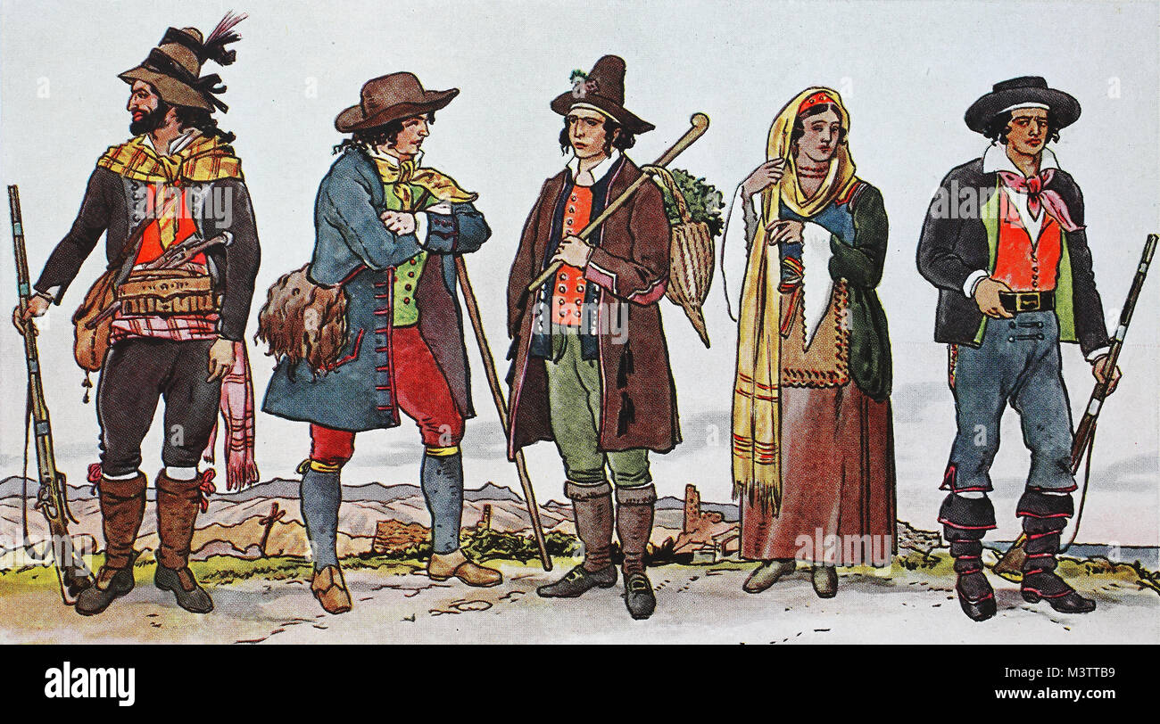 Fashion, clothing in Italy, southern Italy, from 1800-1830, from left, Calabrian brigand, man from Lecce in Puglia, compatriot from the area of Naples, man and woman from the province of Cosenza in Calabria, digital improved reproduction from an original from the year 1900 Stock Photo