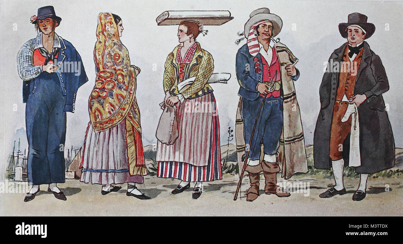 Fashion, clothes in Italy, Northern Italy around 1800, from the left ...