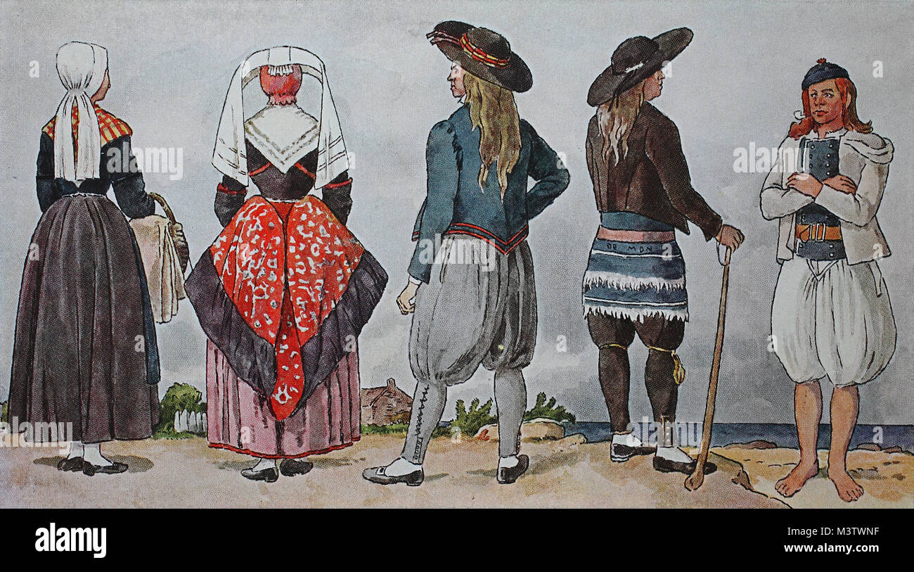 Fashion, clothing in France at the beginning of the 19th century, from the  left, a farmer from Vannes, the department of Morbihan, two peasants in  festive costume from Lambelle, the department of