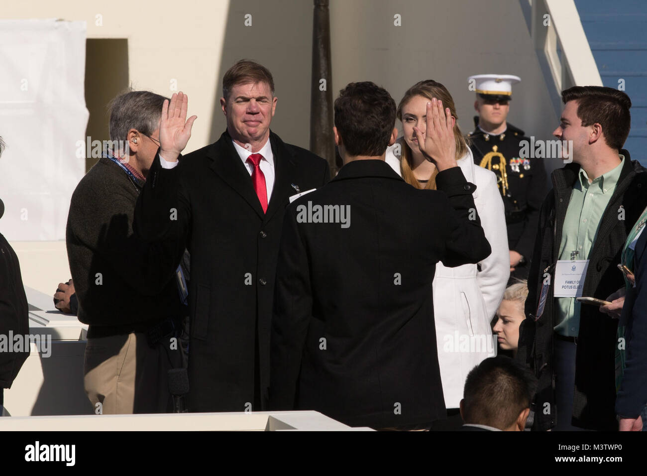 The stand-in for President Elect Donald J. Trump swears in during the Department of Defense Dress rehearsal for the 58th Presidential Inauguration ceremony, at Washington D.C., Jan. 15, 2017. More than 5,000 military members from across all branches of the armed forces of the United States, including Reserve and National Guard components, provided ceremonial support and defense support of civil authorities during the inaugural period. (DoD Photo by U.S. Marine Corps Lance Cpl. Cristian L. Ricardo) 170115-D-BP749-0186 by AirmanMagazine Stock Photo