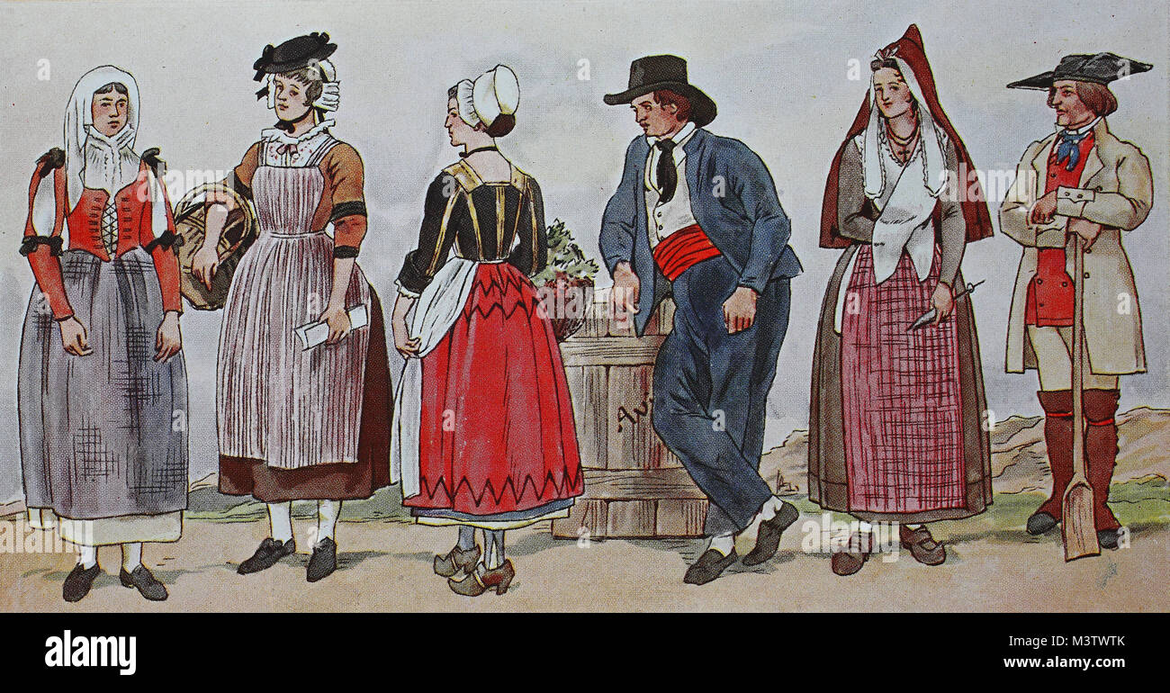 Fashion, costumes, clothing in France in the early 19th century, from the  left, wife from Nice, Provence, a woman from Macon, Burgundy, a farmer from  the Limoges area, a docker from Avignon