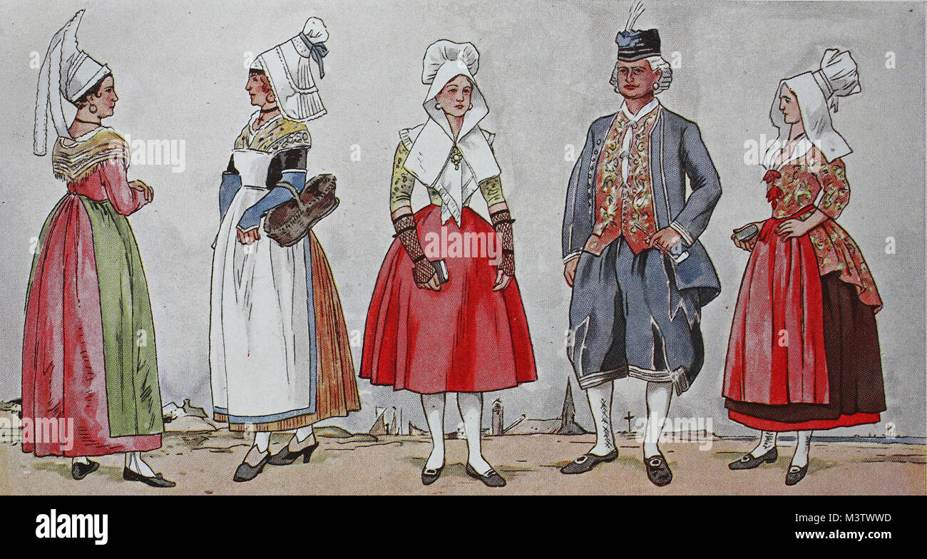 Fashion, costumes, clothes in France at the beginning of the 19th century,  from the left, a farmer from Harcourt near Caen, Northern Normandy, then a  costume from Alencon at the Sarthe, Normandy,