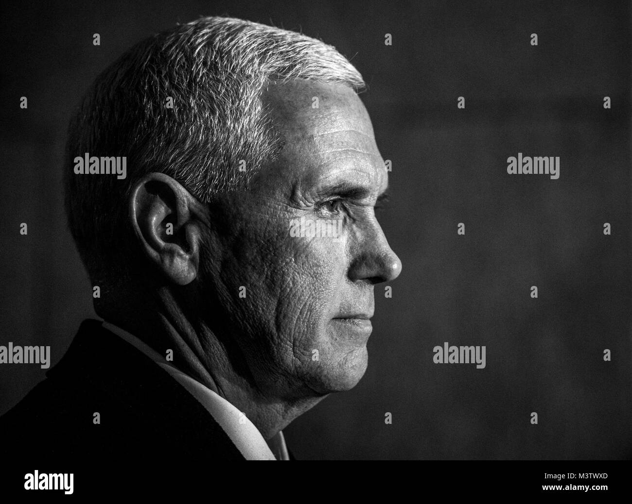 U.S. Vice President-elect Michael R. Pence waits to be announced onto the platform during the 58th Presidential Inauguration in Washington, D.C., Jan. 20, 2017. More than 5,000 military members from across all branches of the armed forces of the United States, including reserve and National Guard components, provided ceremonial support and Defense Support of Civil Authorities during the inaugural period. (DoD photo by U.S. Air Force Staff Sgt. Marianique Santos) 170120-D-NA975-0634 by AirmanMagazine Stock Photo