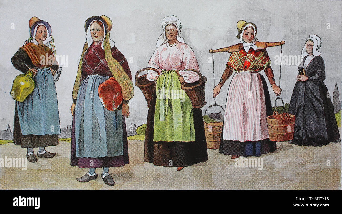 Fashion, costumes, clothing in Belgium in the 19th century, from the left, a milkmaid, a top trader and a maid from Antwerp, Flanders, a dairymaid from Bruges and a churchgoer from Antwerp, digital improved reproduction from an original from the year 1900 Stock Photo