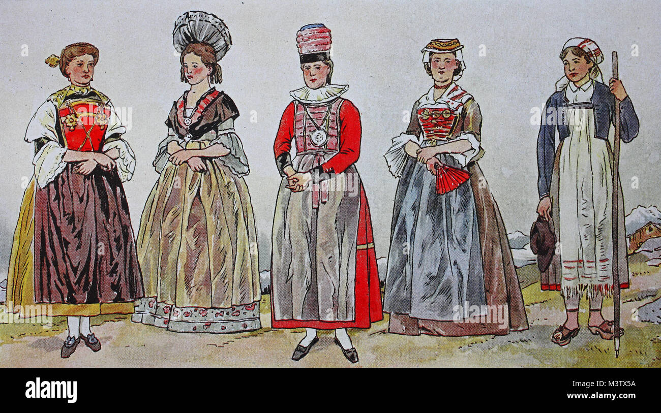 Fashion, costumes, clothing in Switzerland in the mid-19th century, from the left, farmer's wife from the canton of Unterwalden, then older costume from the canton of Schwyz, costume of a married woman from the canton of Friborg and a dairymaid from the canton of Ticino, digital improved reproduction from an original from the year 1900 Stock Photo