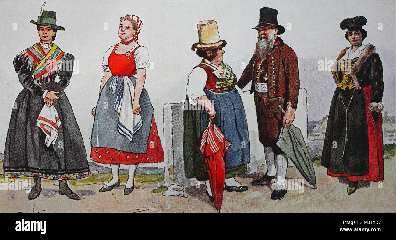 Fashion, costumes, clothes in Austria 1850, from left, costume in  Seewiesen, Styria, costume in Tullnerboden, Lower Austria, old couple from  Zell am See um1900 and a Styrian woman from Graz, Styria, digital