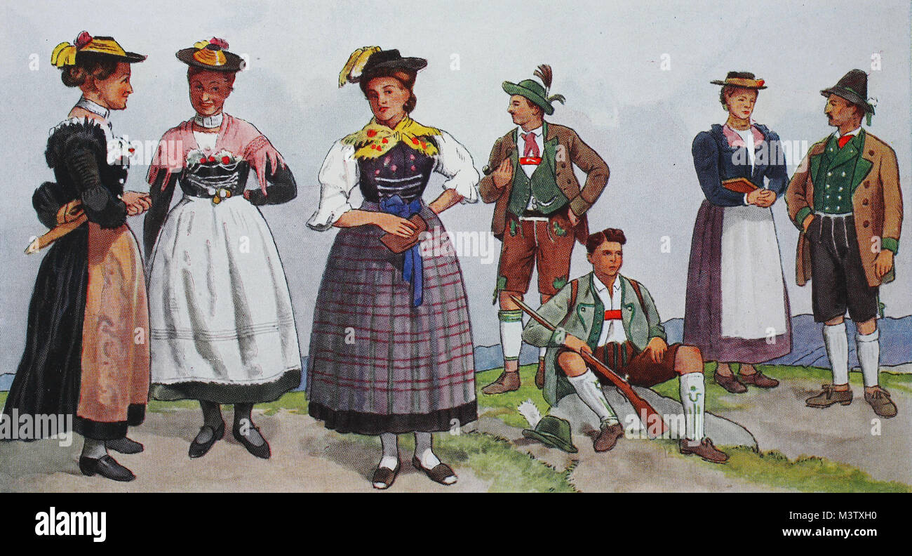 Fashion, clothes in Germany, costumes from Bavaria, about 19th century, from the left, two women in festive costume from Bayrisch Zell, then peasant woman from Seefeld, then two men in costume from Schliersee, then a costume from Berchtesgaden and one from Jachenau, digital improved reproduction from an original from the year 1900 Stock Photo