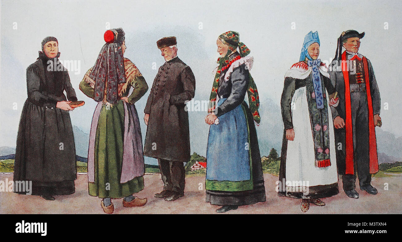 Fashion, clothes in Germany, costumes from Westphalia and Waldeck around  the 19th century, from the left, Frau von der Porta Westfalia, then a woman  from Emsland, then a man from Freienhagen in
