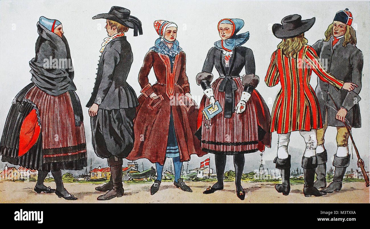 Fashion, clothes in Denmark, costumes around 1800, from left, wife from ...