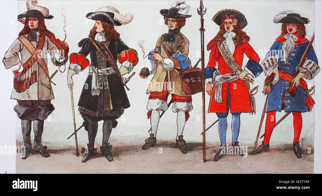 Fashion, clothing, German uniforms from 1680 - 1690, from left, a  musketeer, an officer around 1685, a grenadier, a corporal of the infantry  and a musketeer around 1690, digital improved reproduction from