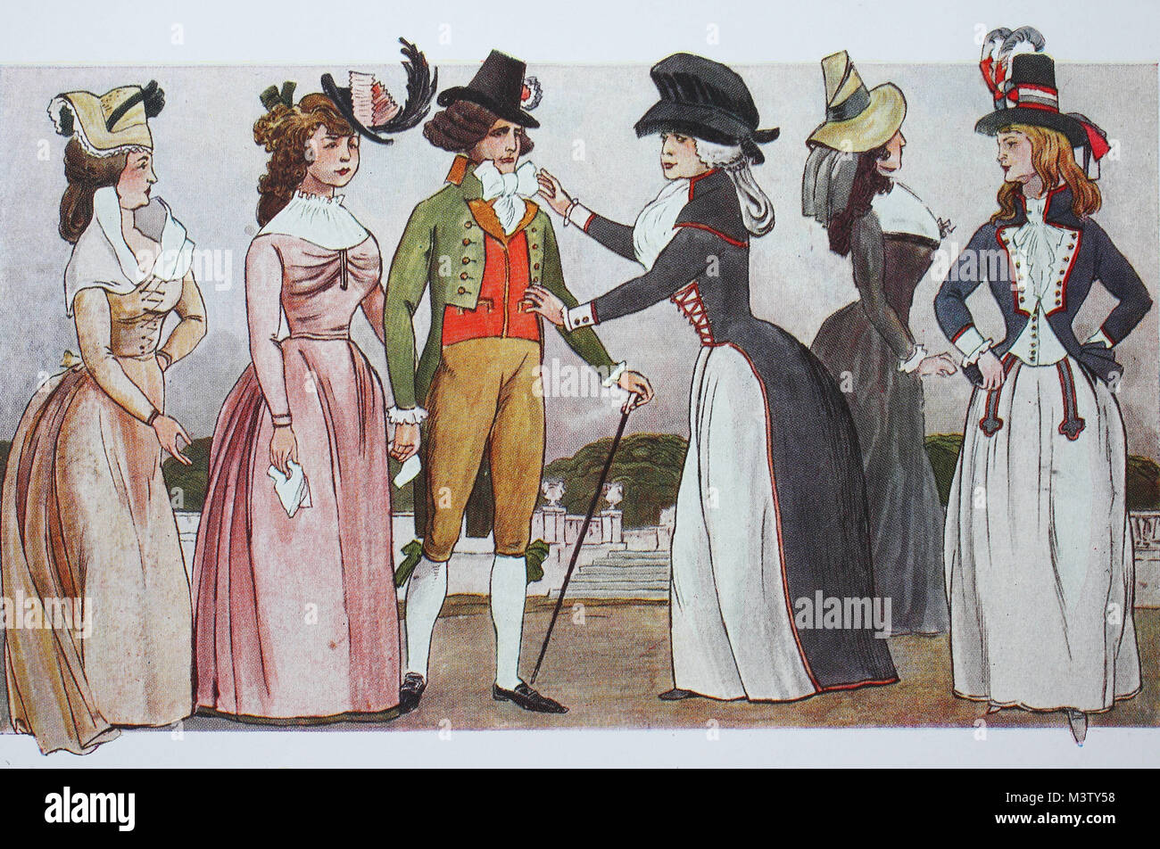 Fashion, clothing, France, Paris costumes at the time of the Revolution  around 1790, from the left, Lady of 1791, Lady of July 1792, gentleman in  open suit and round hat of 1791,