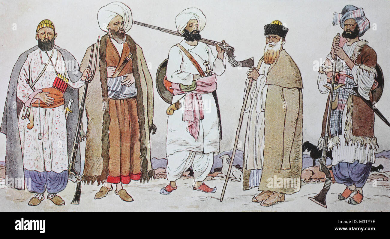 Fashion, clothing in Afghanistan, from the left, an armed villager of the Durani tribe, then a Hindki, is a wholesaler and money changer in winter clothes, then a Afghan-born armed woman in summer clothes, then a shepherd of the Durani tribe and a Solitaire from Kohistan, from the Mountains in winter clothes, digital improved reproduction from an original from the year 1900 Stock Photo