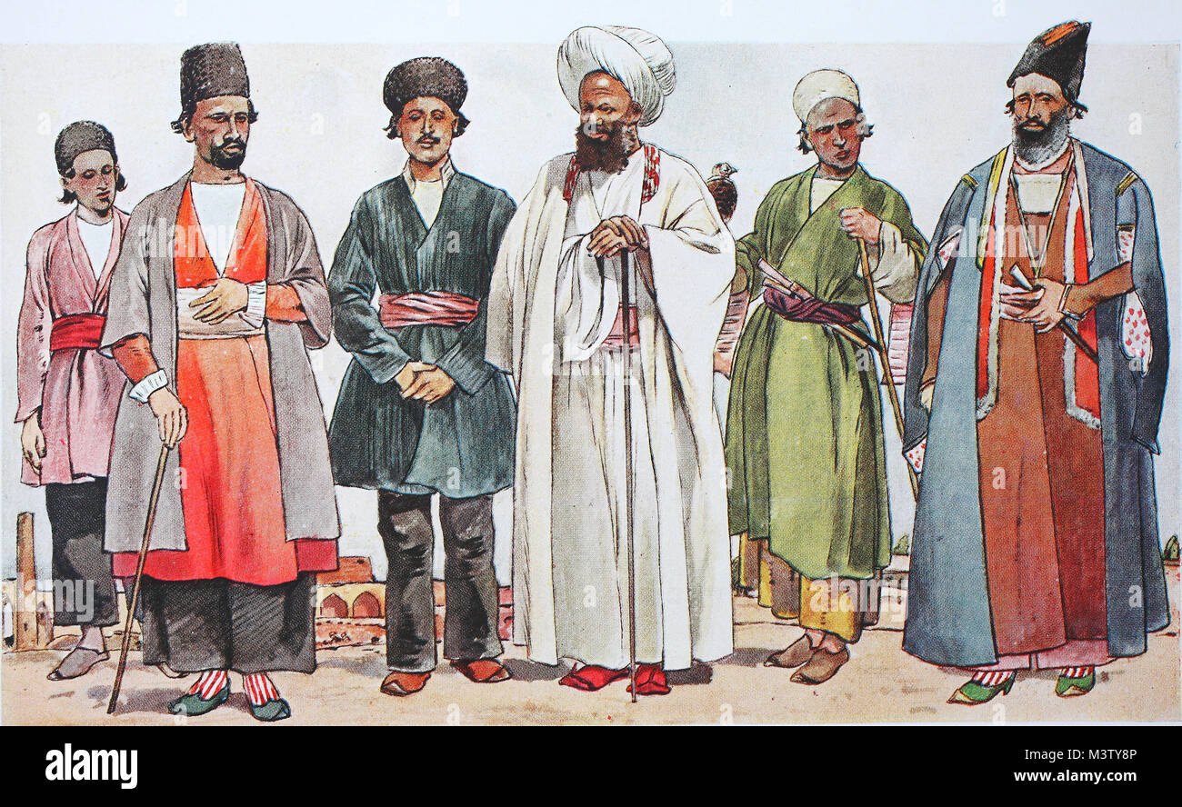 Fashion, clothes in Persia, Iran, from the left, a muleteer wearing a lambskin cap, then a merchant wearing a lambskin cap, a folk-wearing lambskin cap, then a Mollah or Ach and the main mosque of Mesjid-i-Shah in Ispahan, then a falconer and a rich man, digital improved reproduction from an original from the year 1900 Stock Photo