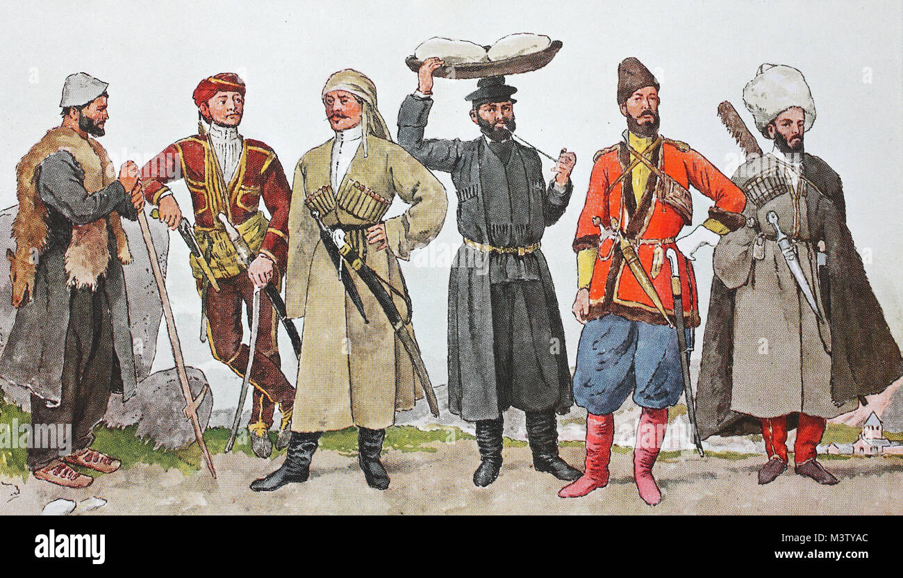 Fashion, costumes, clothes in the Caucasus, from the left, shepherds from  the landscape Svaneti, then a guric prince in old costume, a man from  Mingrelien in Georgia, then a dealer from Grusien