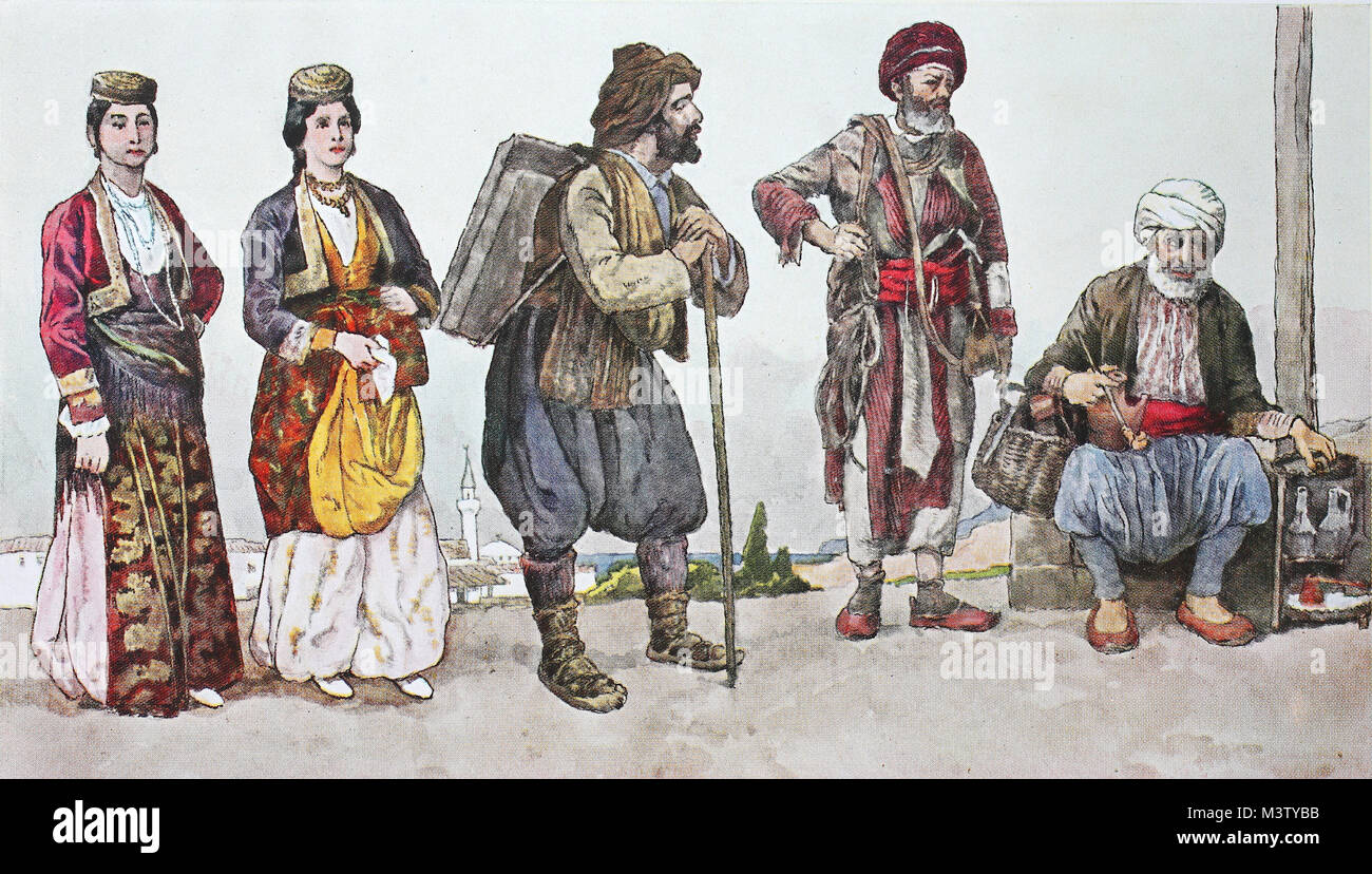 Fashion, clothes, folk costumes in the southwestern Caucasus, from left, a  woman from Armenia, then a woman from Greece, then a Greek with  Baschlikturban and a Greek horse trader from Trabezunt and